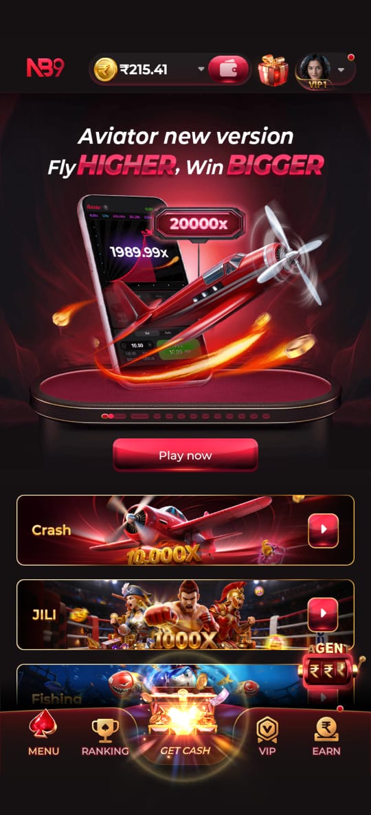 NB9 Game home screen showing Aviator game, Crash, JILI, Fishing games, and navigation menu.